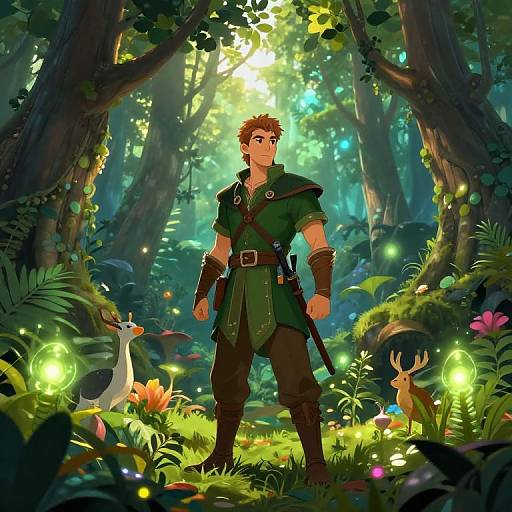 Digital fantasy illustration of a young, muscular man in green adventurer's outfit standing in a magical forest, surrounded by glowing fireflies, a white duck,
