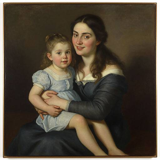 Oil painting of a mother with fair skin and dark hair, wearing a blue dress, holding a young girl in a light blue dress. Dark background,