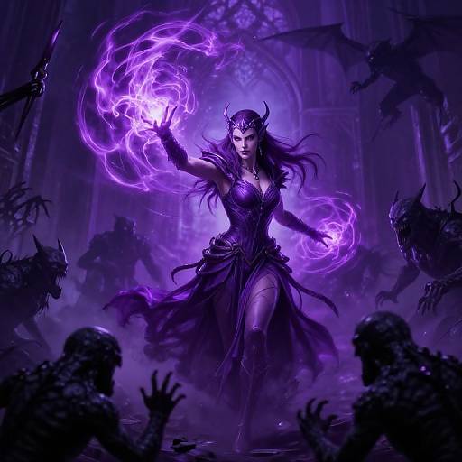 Digital fantasy artwork of a powerful, purple-hued sorceress with glowing purple magic, dark dress, and horns, commanding attention in a dark,