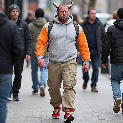 Photograph of a bearded man with horned hat, orange sleeves, gray hoodie, beige pants, red sneakers, walking in urban street.