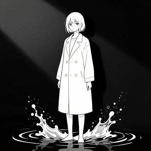Monochrome digital drawing of a short-haired girl in a long coat standing in splashing water against a black background.