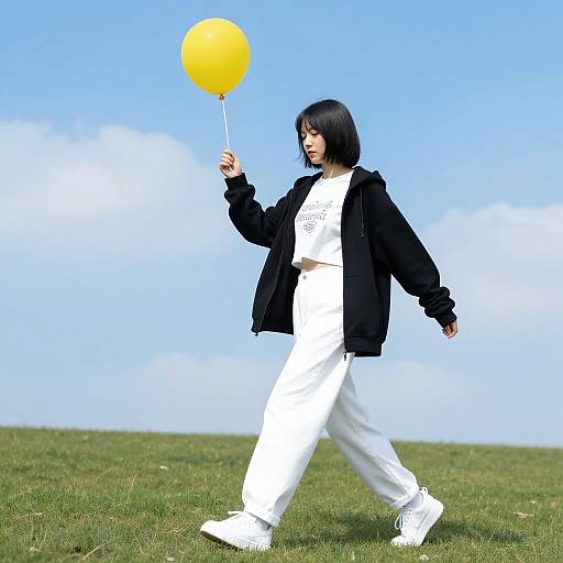 Photograph of a young woman with short black hair, wearing a black jacket and white outfit, holding a yellow balloon, walking on a grassy field