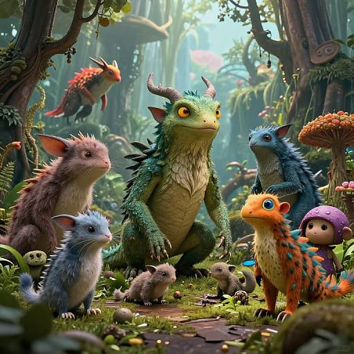 Digital fantasy illustration of colorful, cute, dragon-like creatures with varied fur textures and vivid colors, in a lush, sunlit forest.