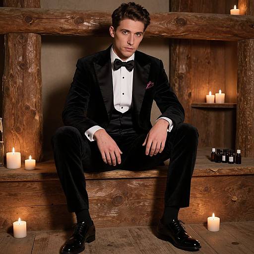 Photograph of a handsome man in a black tuxedo and bow tie, sitting on wooden steps surrounded by glowing candles.