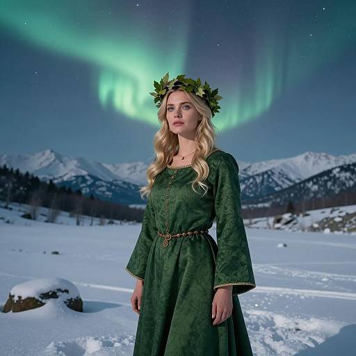 Blonde Woman in Medieval Dress Under Northern Lights