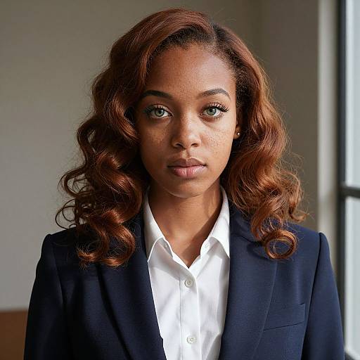 Photograph of an African-American woman with curly brown hair, wearing a black blazer over a white shirt, looking directly at the camera with a neutral