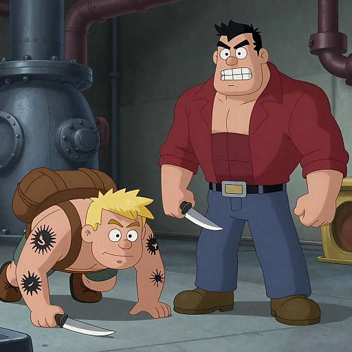 Animated Tough Men with Knives in Industrial Setting
