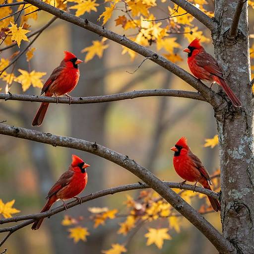 Photograph of four vibrant red cardinals with black masks perched on autumn tree branches, surrounded by golden yellow leaves.