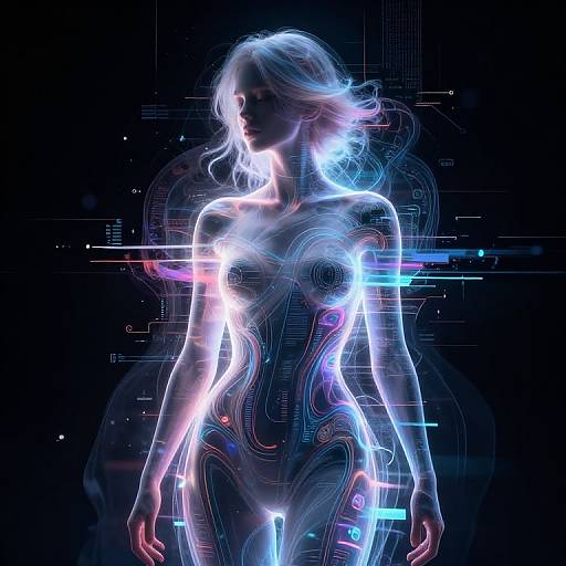 Digital artwork: Silhouetted, glowing, nude, blonde woman with neon blue and pink light trails, against a dark, tech-themed background.