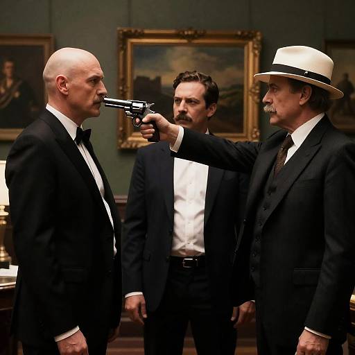 Tense Standoff Among Three Men in Formal Attire