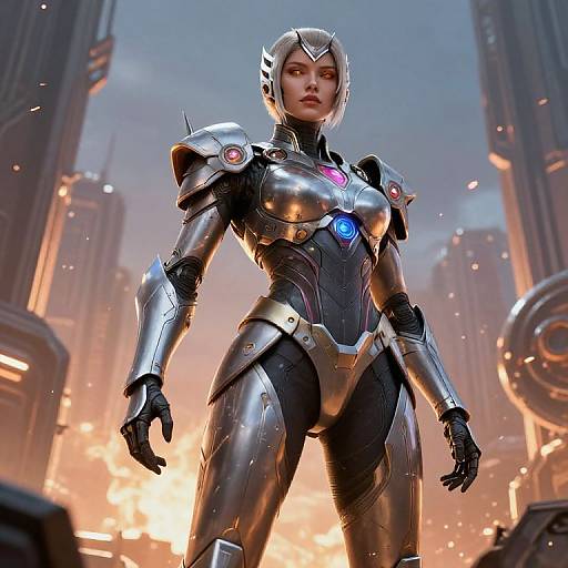 CGI image of a strong, futuristic, silver-armored female warrior with short white hair, blue glowing chest emblem, standing in a blazing, high