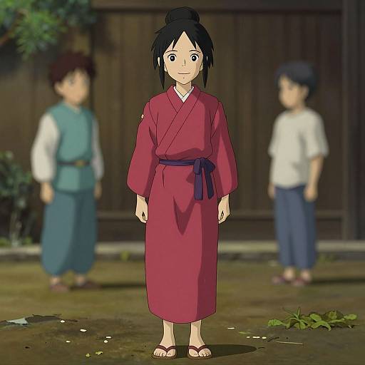 Digital anime-style drawing of a young woman in a red kimono with a blue sash, standing barefoot in a courtyard, two blurred boys in