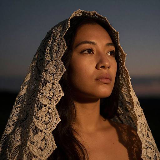Photograph of a young woman with warm brown skin, wearing a delicate lace headscarf, gazing into the sunset, her expression calm and contempl