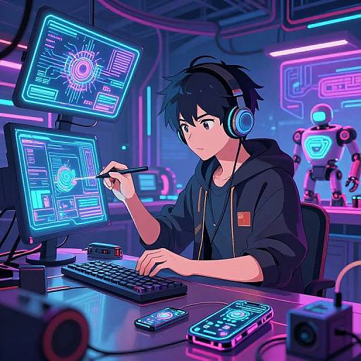 Anime-style digital illustration of a young male gamer with black hair, wearing headphones, black hoodie, and holding a stylus, working on glowing neon-l