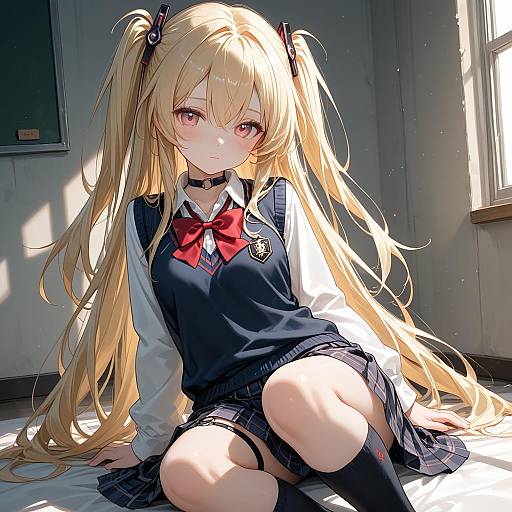 Anime Schoolgirl with Blonde Hair in Sunlit Room