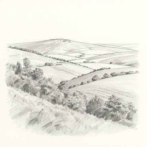 Detailed black-and-white sketch of rolling hills with patchy vegetation, subtle texture, and intricate line work, creating a serene landscape.