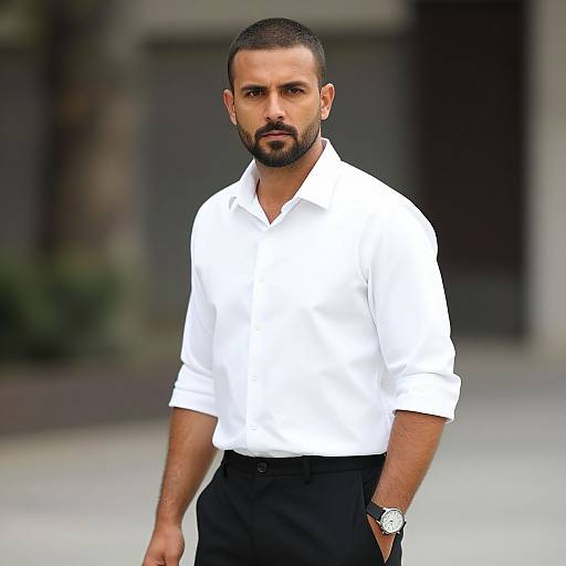 Photograph of a handsome, bearded man with short dark hair, wearing a white button-up shirt and black pants, standing confidently outdoors with a blurred