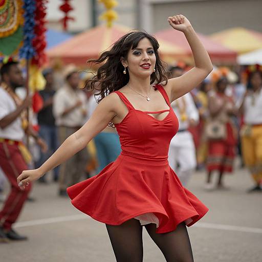 Photograph of a smiling Latina woman with wavy black hair, wearing a red dress and black tights, dancing energetically in a colorful street