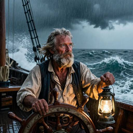 Photograph of an elderly, weathered sailor with gray beard, wearing a white shirt and black vest, steering ship wheel in stormy sea, holding
