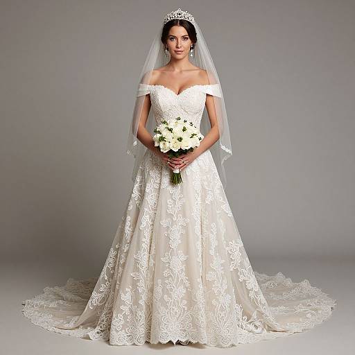 Photograph of a beautiful bride in an off-shoulder, white lace wedding gown with floral patterns, holding a bouquet of white flowers, wearing a