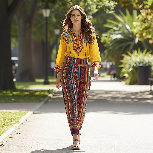 Woman in Yellow Embroidered Top and Patterned Pants Walking in Park
