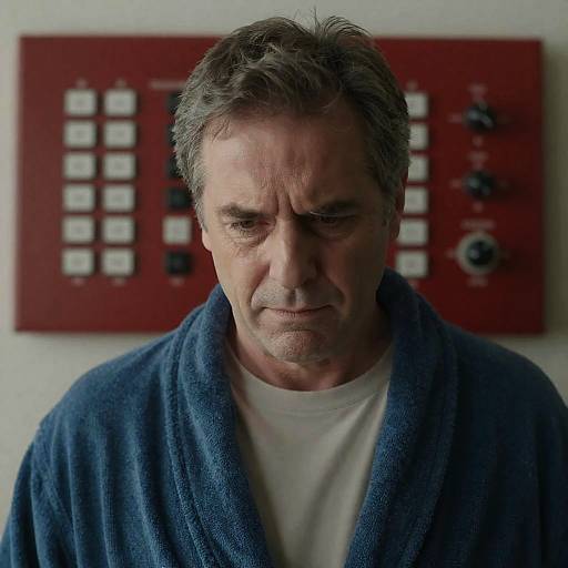 Middle-Aged Man in Bathrobe with Control Panel