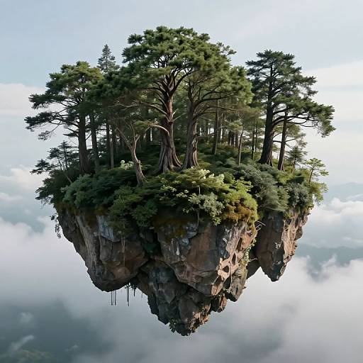 CGI image of a floating island with lush green trees and rocky base, surrounded by clouds, resembling a fantasy world.