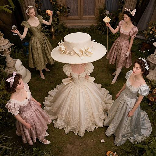 Photograph of five women in vintage dresses, one in a white wedding gown with large hat, surrounded by greenery, holding lanterns.