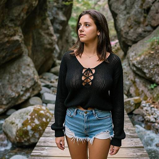 Photograph of a young woman with medium brown skin and dark brown hair, wearing a black lace-up knit top and frayed denim shorts, standing on
