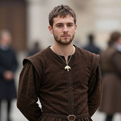 Photograph of a bearded Caucasian man with short dark hair, wearing a brown medieval-style tunic with gold necklace, standing in a blurred outdoor urban