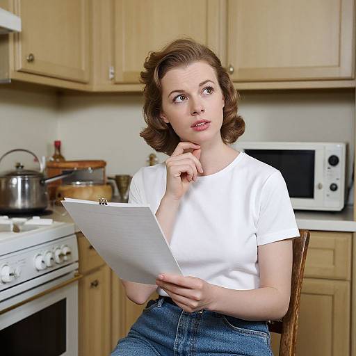 Photograph of a fair-skinned woman with short brown hair, wearing a white t-shirt and blue jeans, holding a clipboard in a light wood kitchen