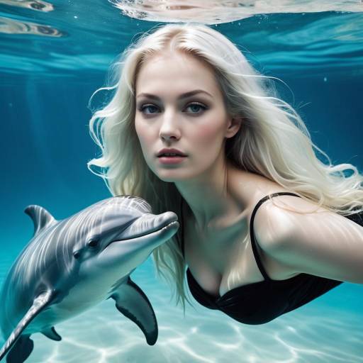 Underwater portrait of woman with dolphin