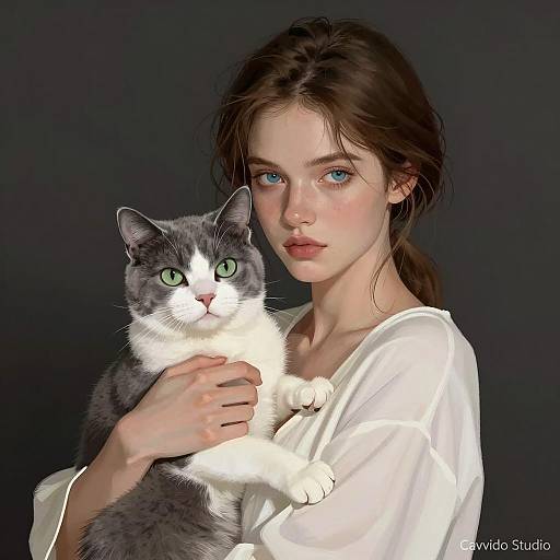 Pale Woman with Cat in Dark Setting