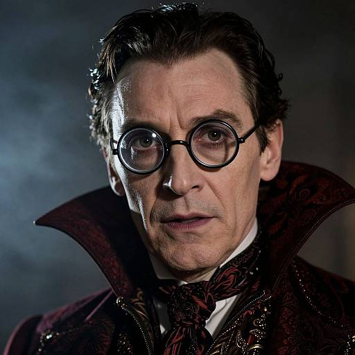 Photograph of a middle-aged man with slicked-back dark hair, round glasses, and a high-collared, dark maroon patterned coat