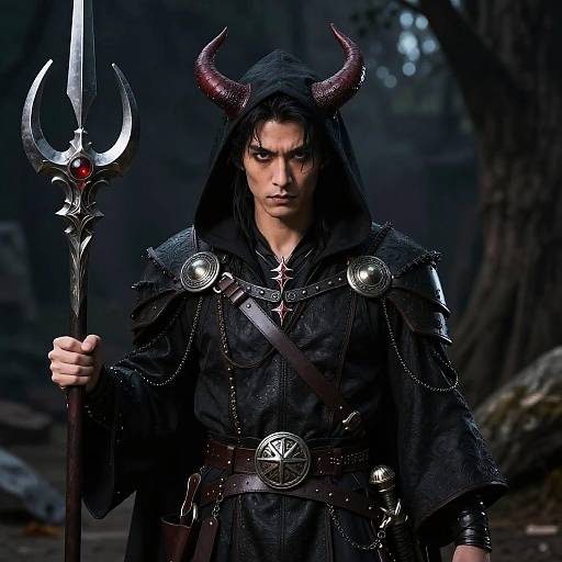 Dark fantasy photograph of a brooding male demon with black horns, holding a silver trident with a red gem, dressed in black armor and cloak,