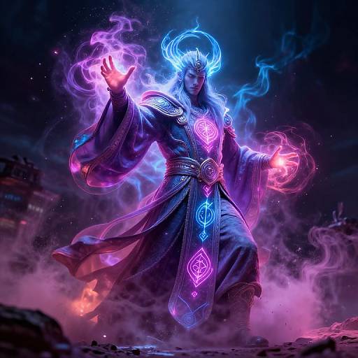 Digital artwork of a glowing, neon-blue horned sorcerer in a flowing, purple robe, casting magical pink and blue flames. Dark, smoky