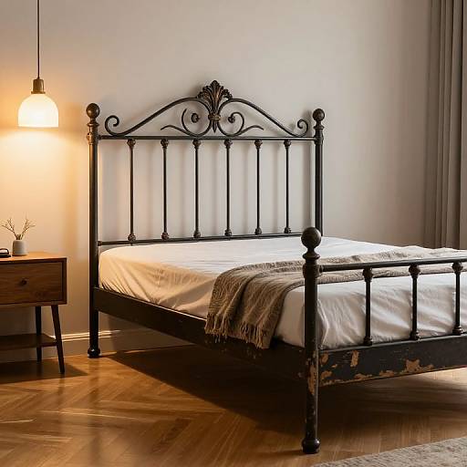 Photograph of a vintage black iron bed with ornate headboard, white sheets, and a brown throw, under a hanging lamp, beside a wooden