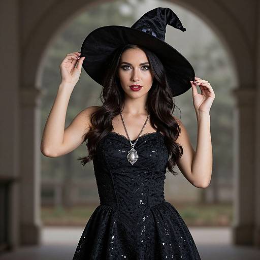 Photograph of a fair-skinned woman with long black hair, wearing a black lace dress, witch hat, and necklace, standing in an arched