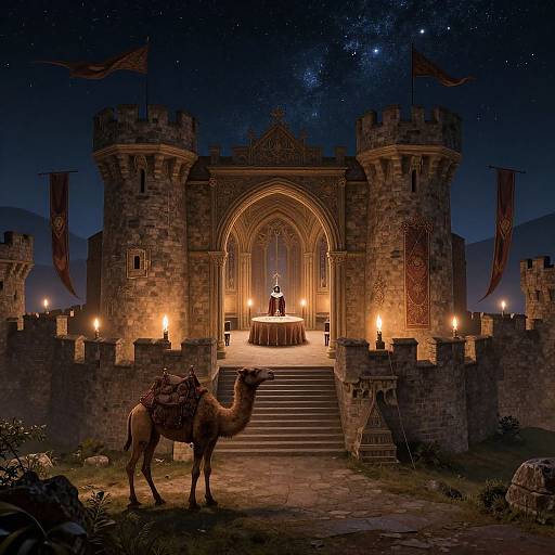 Digital art of a medieval castle at night, with a camel in the foreground, a throne room lit by torches, and a starry sky above