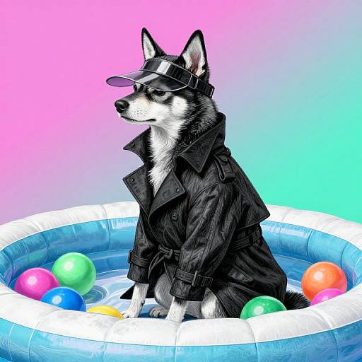 Digital artwork of a black and white husky in a black jacket and sunglasses, sitting in a blue inflatable pool with colorful balloons, against a gradient pink