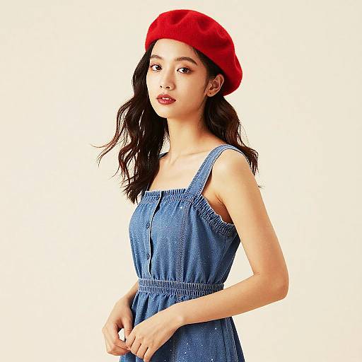 Woman in Red Beret and Blue Dress