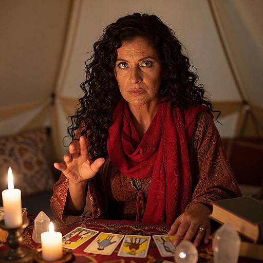 Photograph of a middle-aged woman with curly black hair, wearing a red scarf and brown patterned robe, holding a tarot card in a candle