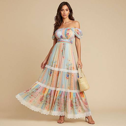 Photograph of a woman with long dark hair in an off-shoulder, multi-colored floral dress with lace trim, holding a woven bag, standing