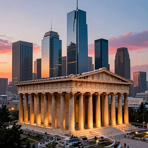 Photograph of a brightly lit, neoclassical-style building with tall columns at dusk, surrounded by modern skyscrapers in a cityscape.