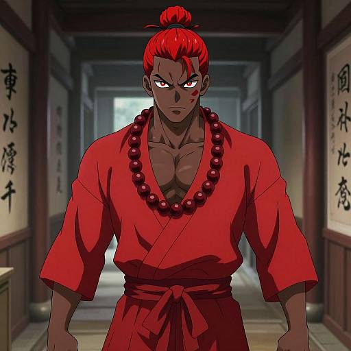 Digital anime-style drawing of a muscular, dark-skinned man with red hair in a top knot, wearing a red kimono and bead necklace, standing