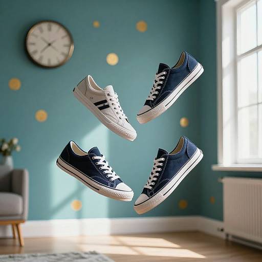 Photograph of three navy blue and white sneakers mid-air in a bright, teal-walled room with a clock, yellow dots, and sunlight.