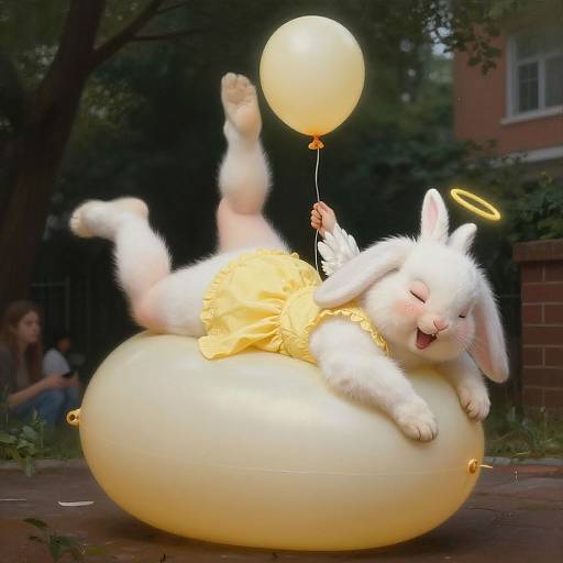 Photograph of a white, cartoon-like bunny with a halo, wearing a yellow dress, holding a glowing balloon, lying on a yellow balloon, in