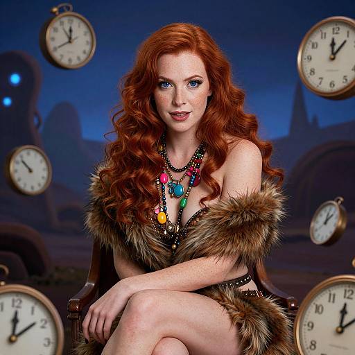 Photograph-style digital art of a red-haired woman with freckles, wearing a fur-trimmed outfit and colorful necklace, surrounded by floating clocks