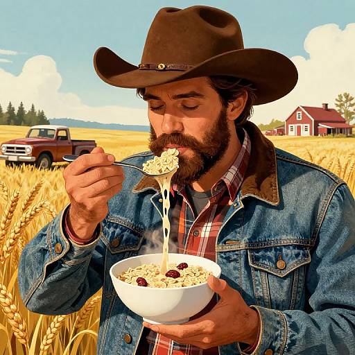 Vintage Cowboy Eating Oats Illustration