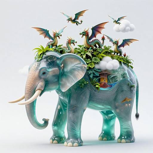 Photorealistic digital art of a blue, glowing, elephant adorned with lush greenery, colorful butterflies, and small birds, set against a white background
